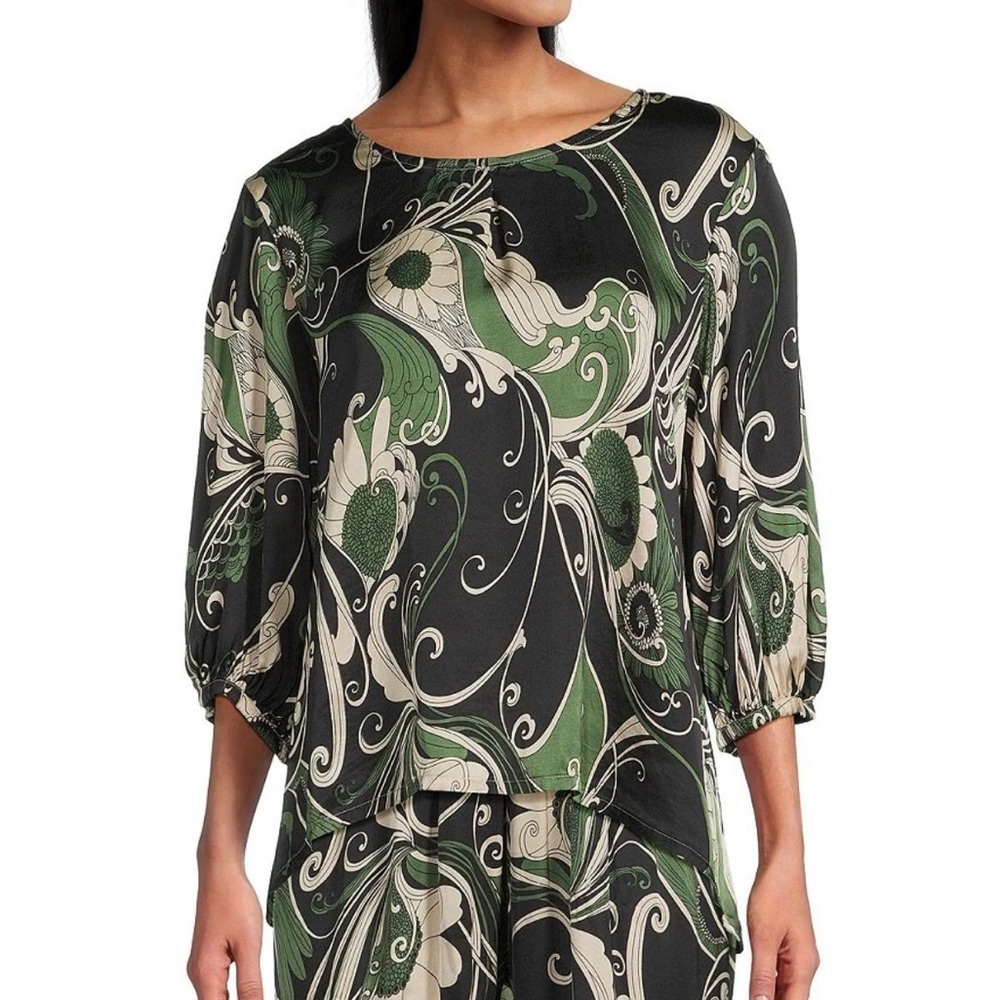 Bryn Walker Lucinda Giardino print round neck 3/4 sleeve blouse top XXS shirt